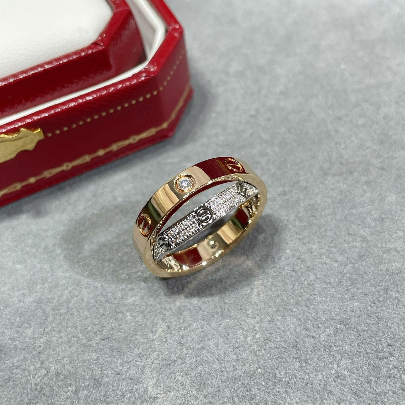 ¡®Moco¡¯LOVE PINK GOLD SILVER DIAMOND DOUBLE RING
