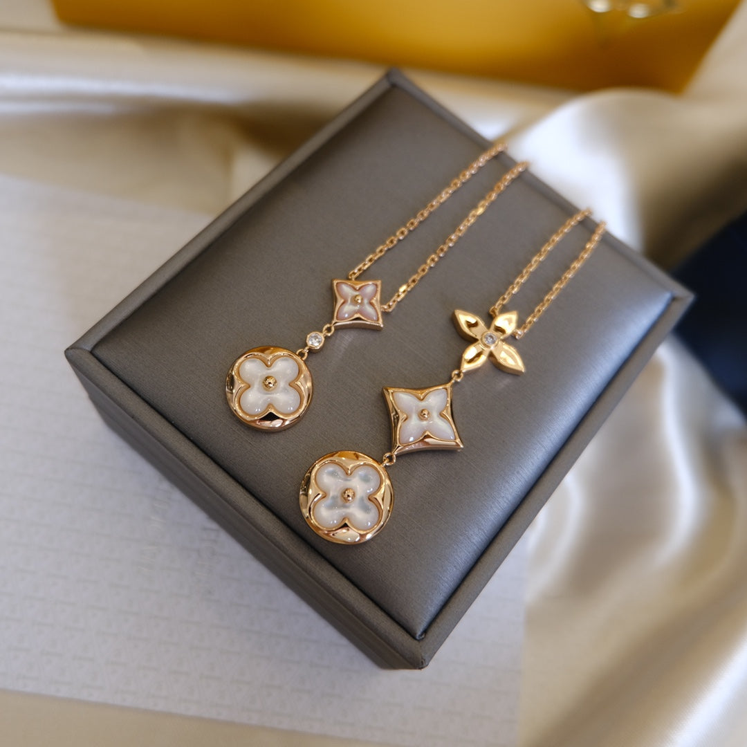 ¡®Moco¡¯COLOR BLOSSOM LARIAT NECKLACE PINK GOLD WHITE MOTHER PEARL AND DIAMOND