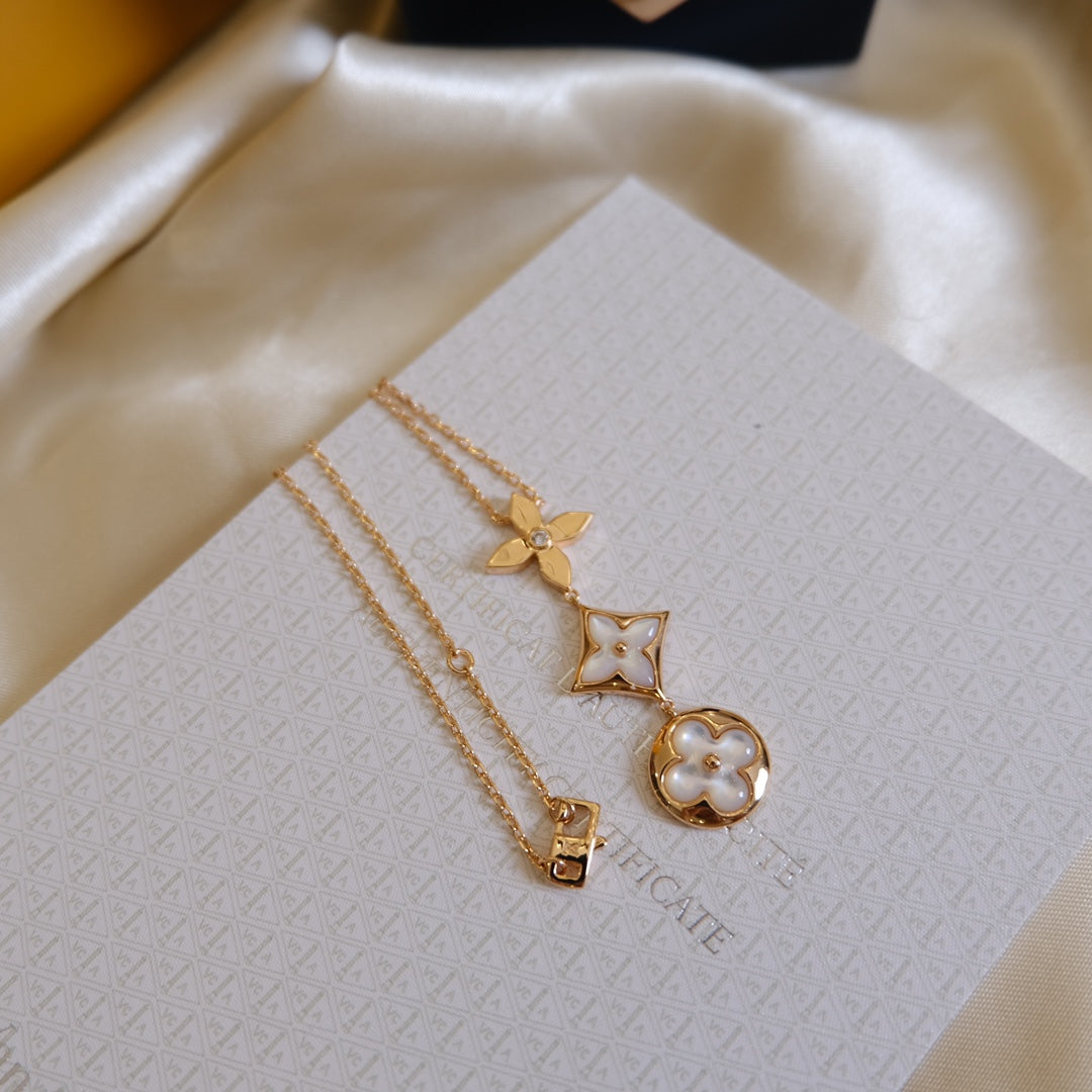 ¡®Moco¡¯COLOR BLOSSOM LARIAT NECKLACE PINK GOLD WHITE MOTHER PEARL AND DIAMOND