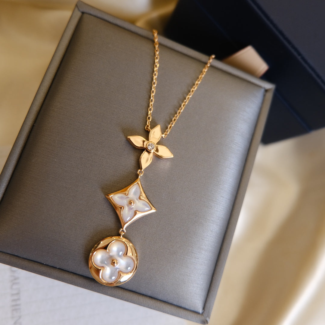 ¡®Moco¡¯COLOR BLOSSOM LARIAT NECKLACE PINK GOLD WHITE MOTHER PEARL AND DIAMOND